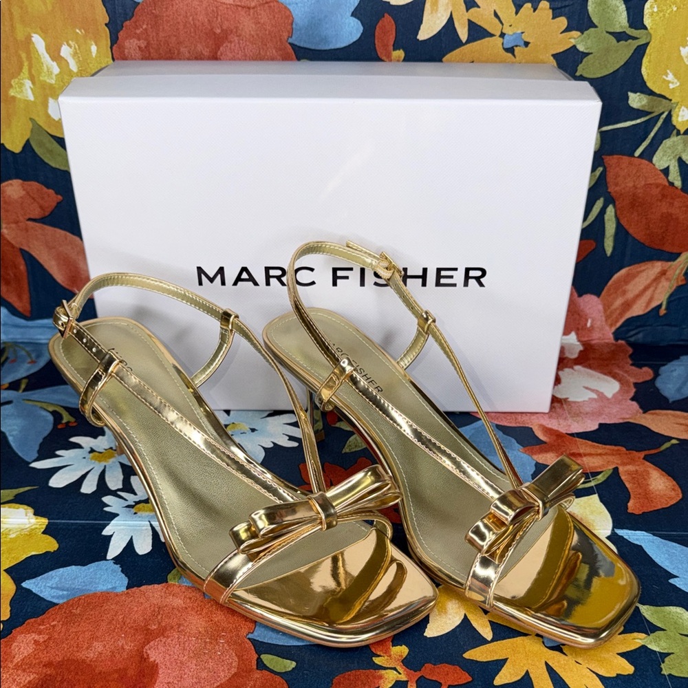 Marc Fisher Metallic Gold Strap Heels Bow 9.5